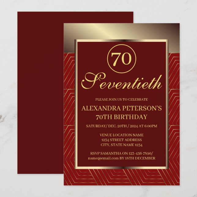 Maroon Red And Gold Patterned Border Birthday Invitation (Front/Back)