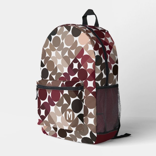 Maroon Red Beige Brown Midcentury Circles Pattern Printed Backpack (Back Corner Right)