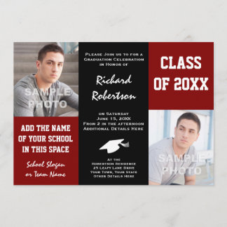 Maroon Red + Black School Colours Photo Graduation Invitation