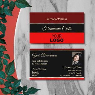Maroon Red Borders on Black with Logo and Photo Business Card