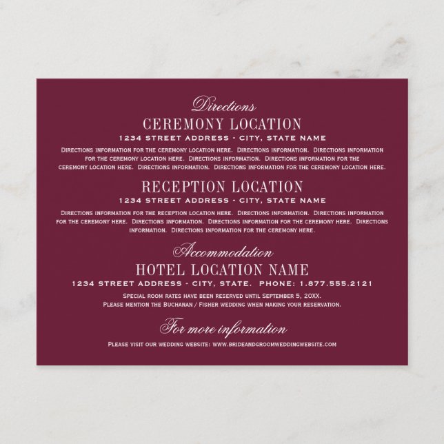 Maroon Red Elegant Wedding Information Enclosure Card (Front)