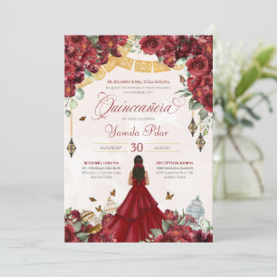 Maroon Red Floral Butterfly Elegant Quinceanera v3 Invitation