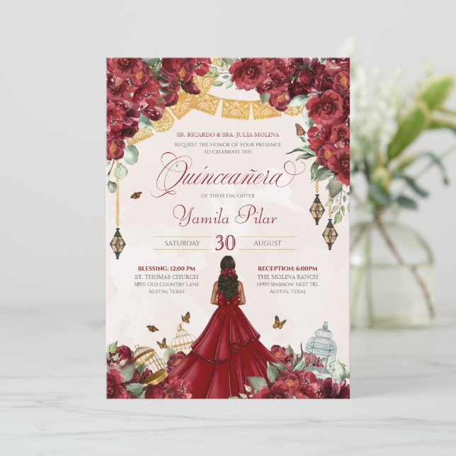 Maroon Red Floral Butterfly Elegant Quinceanera v4 Invitation (Standing Front)