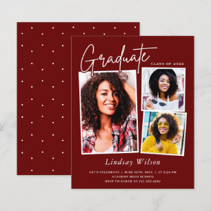 Maroon Red Girl 3 Photo Graduation Invitations