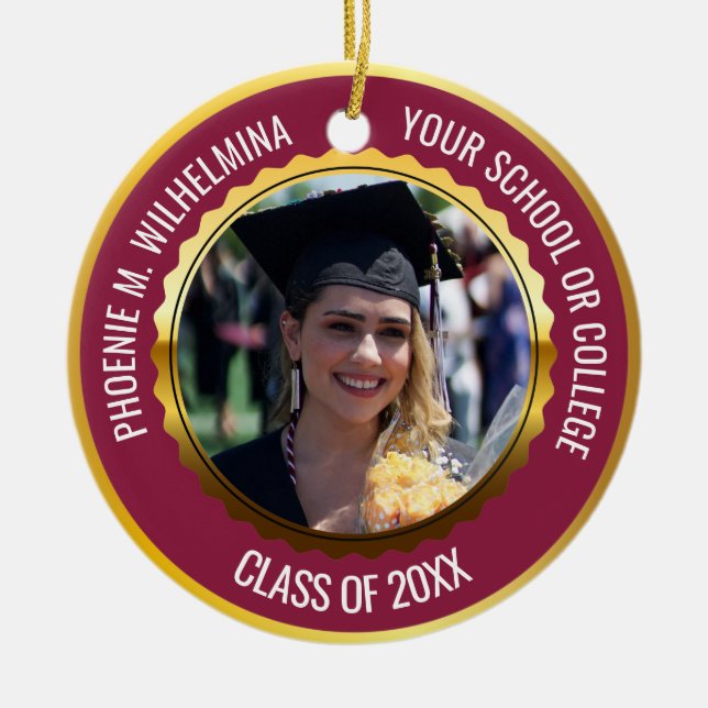 Maroon Red Gold 2 Photo Graduation Class of 2026 Ceramic Ornament (Front)