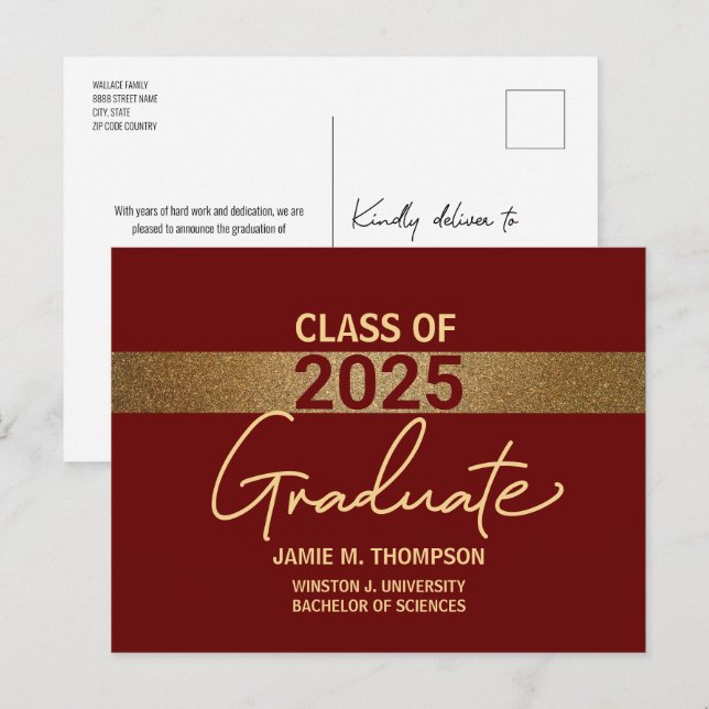 Maroon Red Gold Class 2025 University Graduation Postcard (Front/Back)