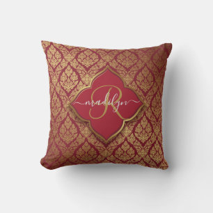 Maroon Red Gold Fleur Damask Pattern Monogram Throw Pillow