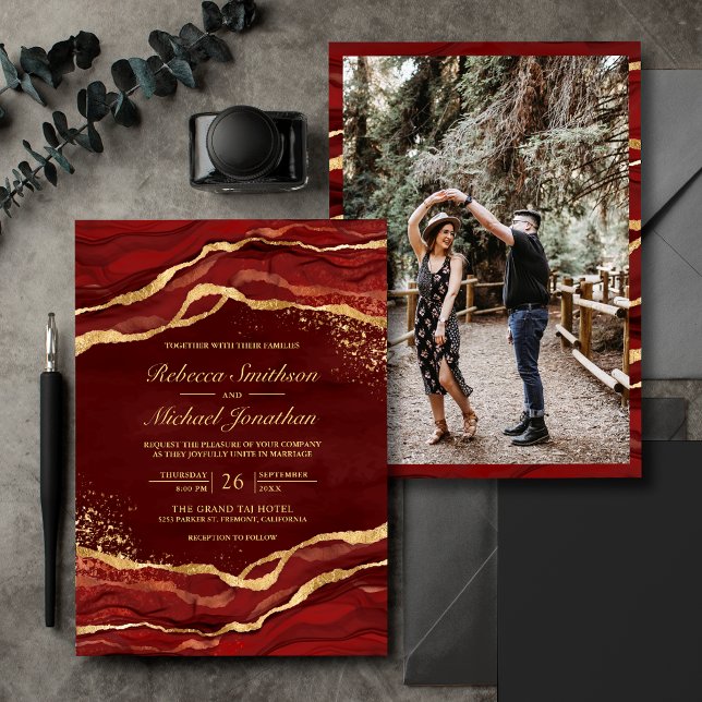 Maroon Red Gold Fluid Ink Photo Wedding Invitation (Creator Uploaded)