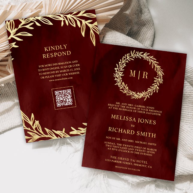 Maroon Red Gold Leaf Branch QR Code Wedding Invitation (Creator Uploaded)