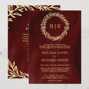 Maroon Red Gold Leaf Branch QR Code Wedding Invitation
