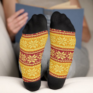 Maroon Red Gold Poinsettia Flower Pattern Socks