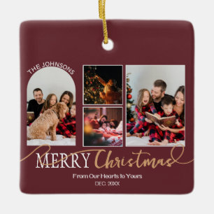 Maroon Red Gold Script Christmas Modern Collage Ceramic Ornament