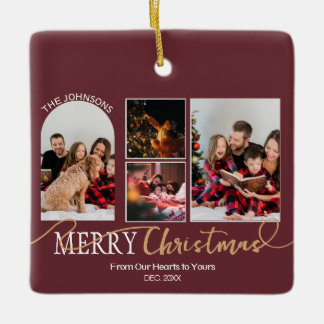 Maroon Red Gold Script Christmas Modern Collage Ceramic Ornament