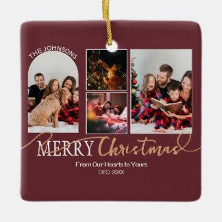 Maroon Red Gold Script Christmas Modern Collage Ceramic Ornament