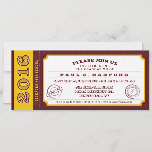 Maroon Red & Gold Ticket Invitation de la fête de  (Devant)