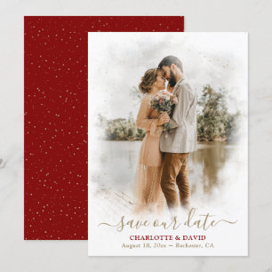 Maroon Red Gold Wedding Photo Save Our Date Card