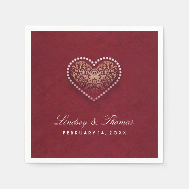 Maroon Red Gold & White Floral Heart Wedding Napkin (Front)
