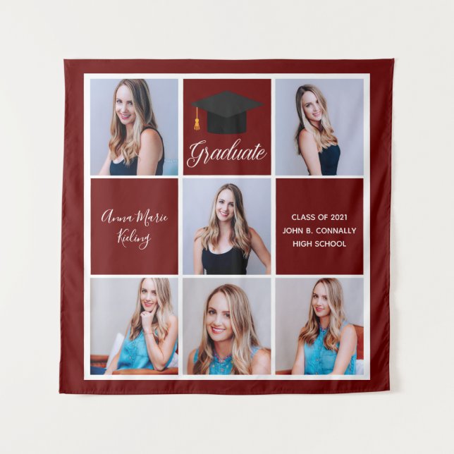 Maroon Red Graduate Photo Collage Graduation Party Tapestry (Front)