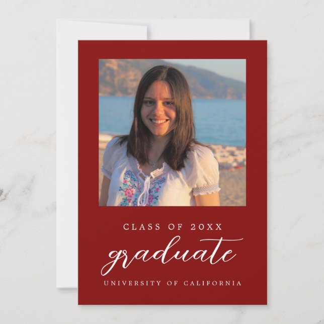 Maroon Red Minimalist Classy 1 Photo Graduation Invitation (Front)