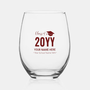 Maroon Red Modern Graduation Gift Custom Text Stemless Wine Glass