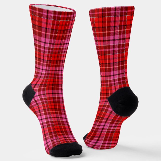Maroon Red Pink Plaid Tartan Design  Socks (Angled)