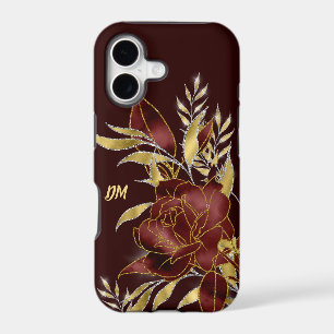 Maroon Red Rose Gold Leaves Monogram