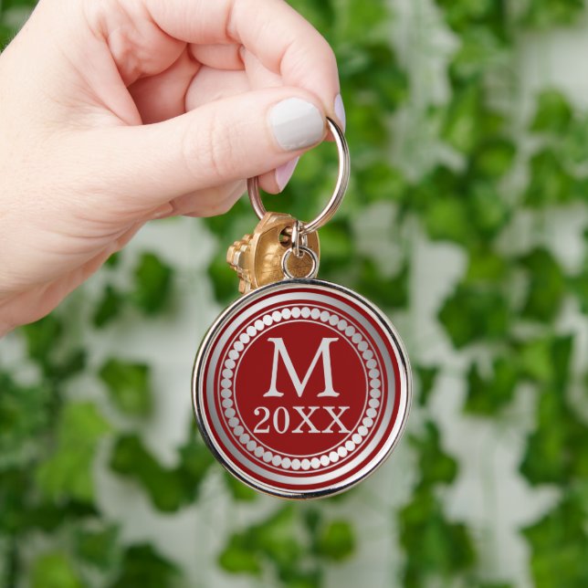 Maroon Red Silver Frame Monogram Keychain (Hand)
