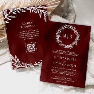 Maroon Red Silver Leaf Branch QR Code Wedding Invitation