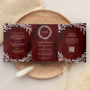 Maroon Red Silver Leaf Branch QR Code Wedding Tri-Fold Invitation