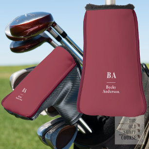 Maroon Red Solid Color White Initials & Name Golf Head Cover