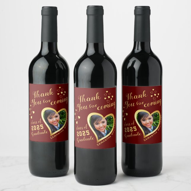 Maroon Red Thank You Photo Graduation Party Favour Wine Label (Bottles)