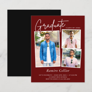 Maroon Red White Three Photo Graduation Invitation