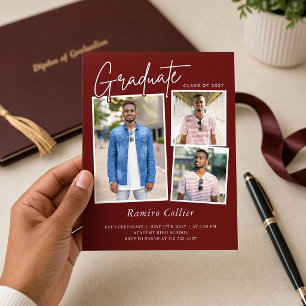 Maroon Red White Three Photo Graduation Invitation