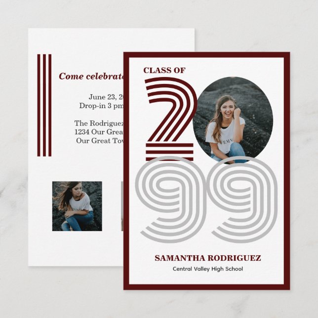 Maroon Retro Big Numbers Graduation Photo Invitation (Front/Back)