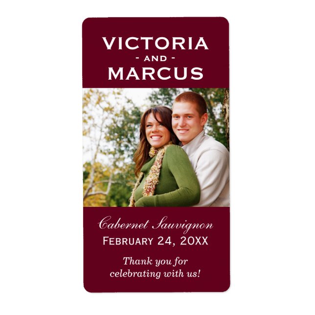 Maroon Rouge Mariage Monogramme Photo Vin bouteill (Devant)