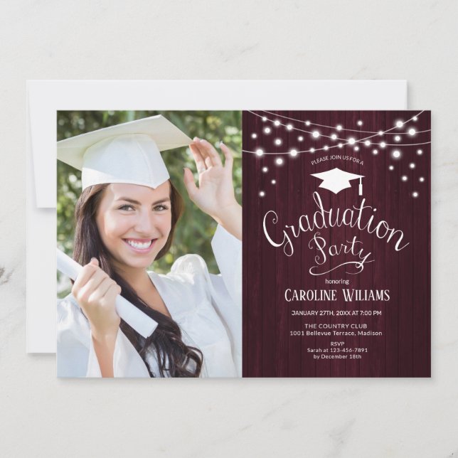 Maroon Rustic Graduation Party With Photo Invitation (Front)