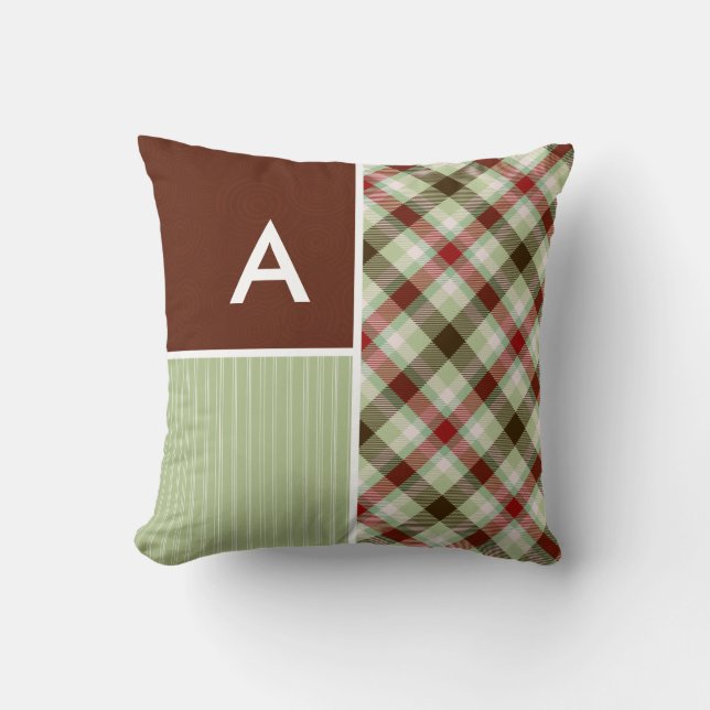 Maroon & Sage Green Plaid Throw Pillow (Front)