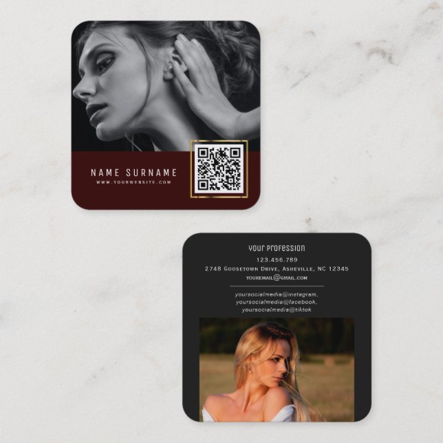 Maroon scannable barcode QR code photo Square Business Card (Front/Back)