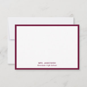 Maroon School Colours Teacher Thank You Note Cards