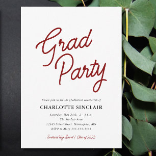 Maroon Script Simple Budget Grad Party Invitation