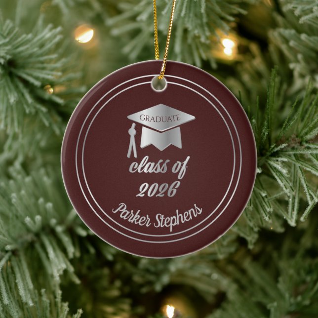 Maroon Silver Graduate Cap Graduation 2026 Photo Ceramic Ornament (Tree)