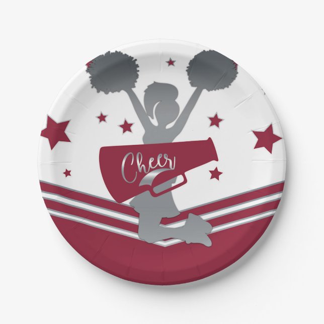 Maroon & Silver Stars Cheer Cheer-leading Party Paper Plate (Front)