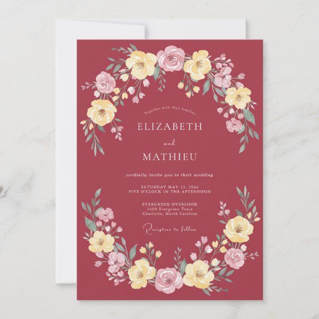 Maroon Stately Botanical Wedding Invitation (Front)