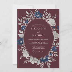 Maroon Steel Blue Wreath Wedding Invitation
