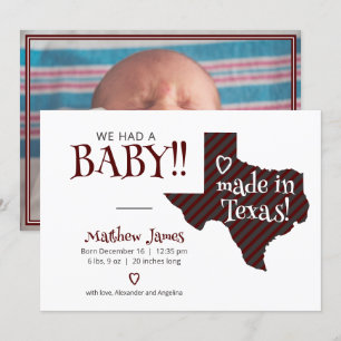Maroon Striped Made in Texas Photo Baby Announcement