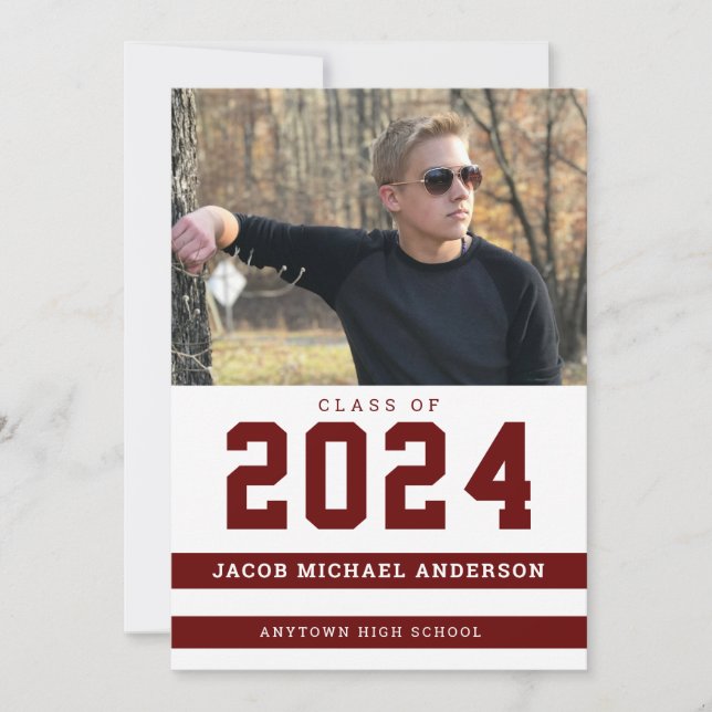 Maroon Stripes Sporty Photo Graduation Party Invitation (Front)