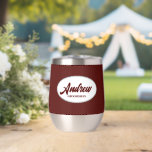 Maroon Stylized Name Wedding Groomsman<br><div class="desc">Gift your wedding groomsman with this trendy and personalized,  stainless steel wine tumbler with his name in stylized script inside a white,  oval design. Background colour and script is maroon. Personalize your wine tumbler by editing and replacing name with desired name. Available in many,  popular wedding colour schemes.</div>