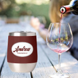 Maroon Stylized Wedding Groomsman Name<br><div class="desc">Gift your wedding groomsman with this trendy and personalized,  stainless steel wine tumbler with his name in stylized script inside a white,  oval design. Background colour and script is maroon. Personalize your wine tumbler by editing and replacing name with desired name. Available in many,  popular wedding colour schemes.</div>