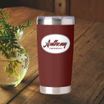 Maroon Stylized Wedding Groomsman Name Insulated Tumbler<br><div class="desc">Gift your wedding groomsman this trendy and personalized,  stainless steel,  thermal tumbler with his name in stylized script in a white oval design. Background and script is a maroon colour. Personalize your thermal tumbler by editing and replacing groomsman's name with desired name.</div>