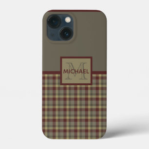Maroon, Tan And Grey Plaid Monogrammed  iPhone 13 Mini Case